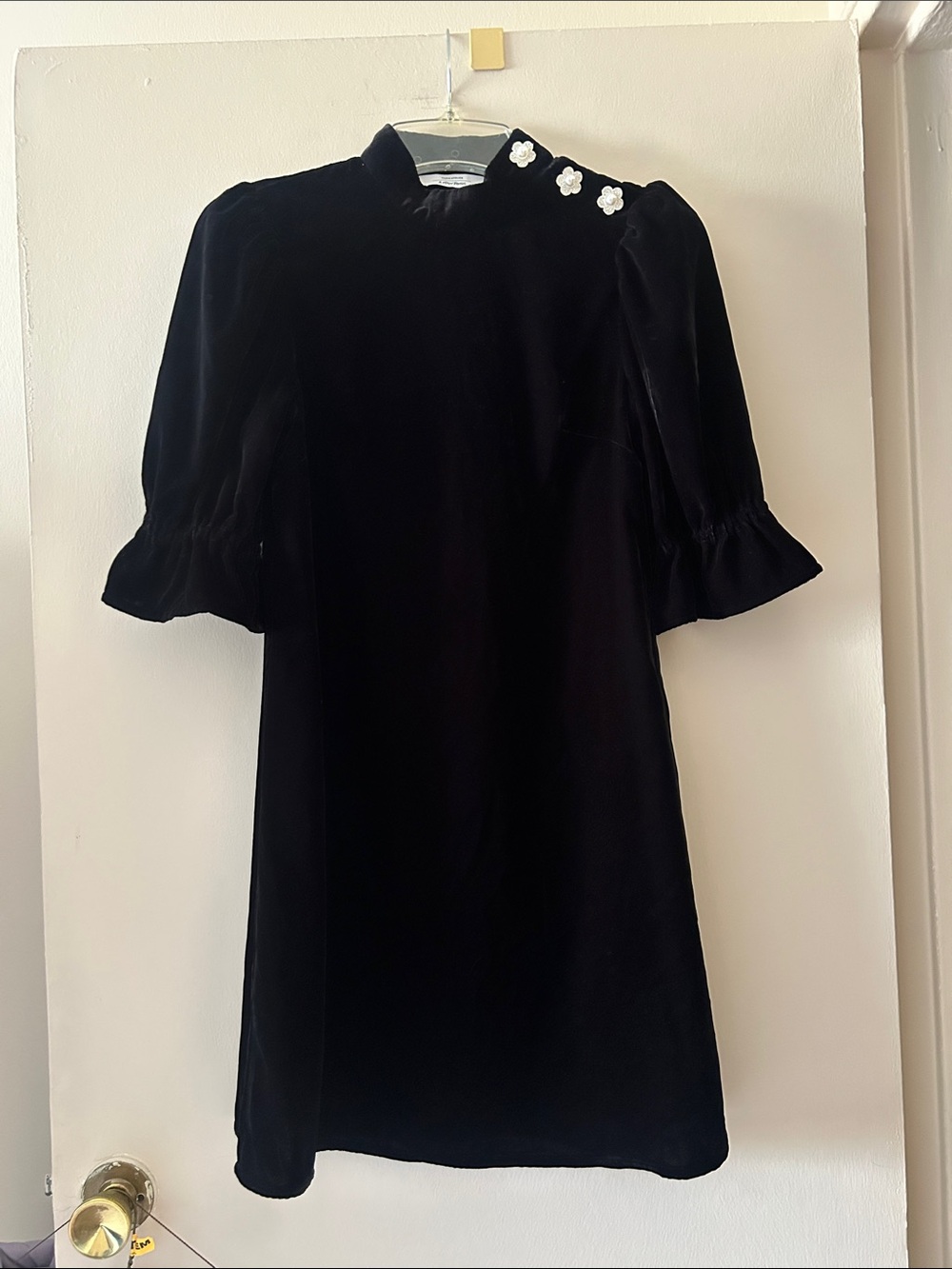 & Other Stories Black Velvet Short Dress with Pearl Flower Buttons